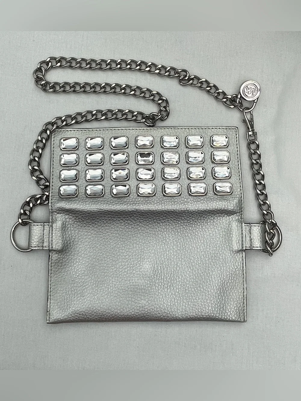 NWO. Michael Kors Silver Crystal-Embellished Chain Crossbody or Belt Wallet.